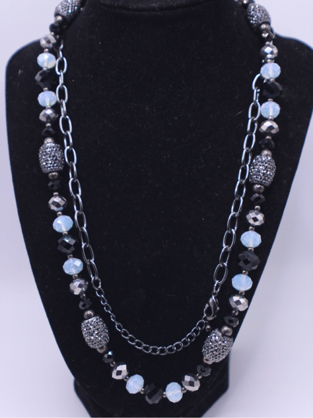 43” Gunmetal Single Strand Black and opalescent faceted glass Beaded Necklace